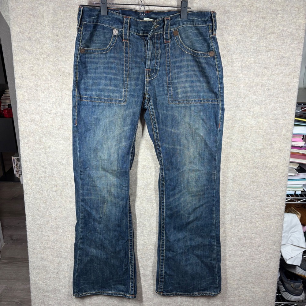 True Religion Tony Big T Mens Blue Bootcut Jeans 34x33 Contrast Stitch